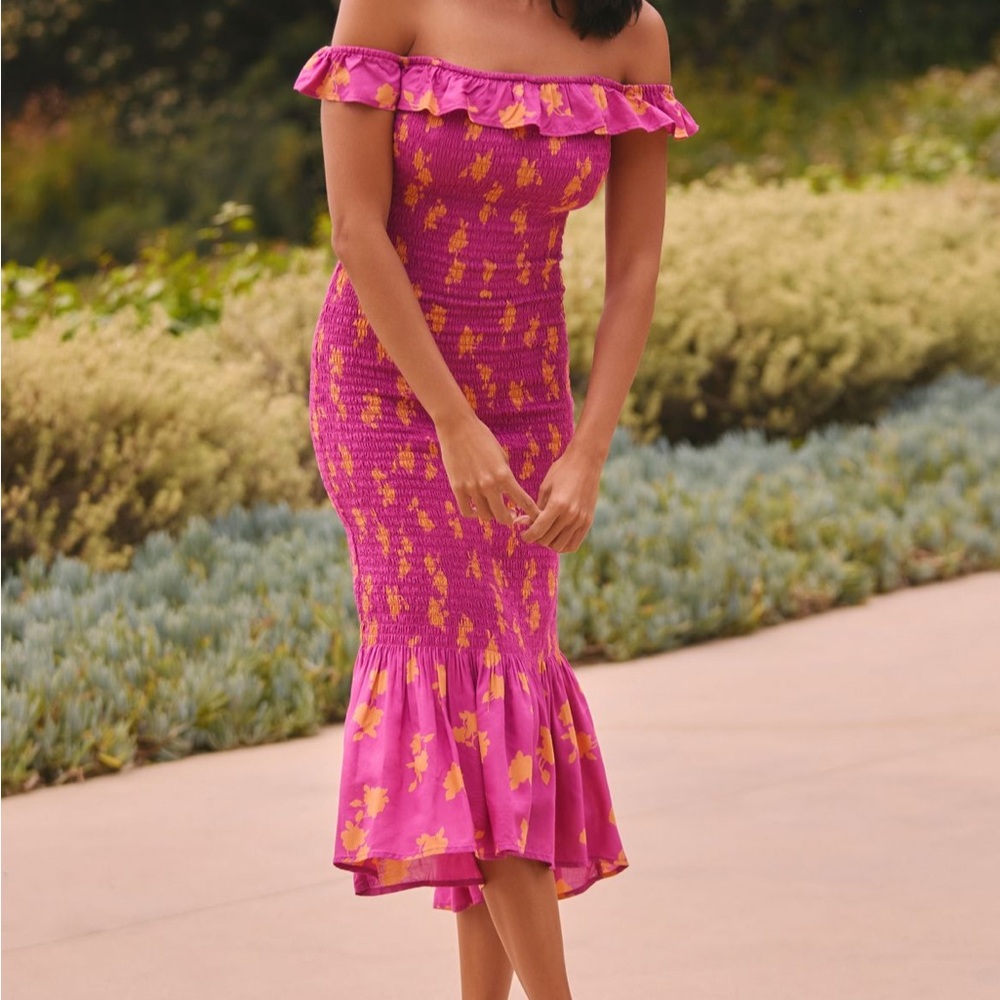 Anthropologie Pink and Yellow Floral Midi Dress